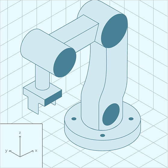 Industrial robot arm probing a compact calibration fixture, with a laser tracker in the background