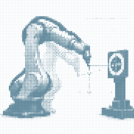 Industrial robot arm measuring positional error against a calibration target