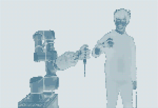 Industrial robot arm probing a compact calibration fixture, with a laser tracker in the background